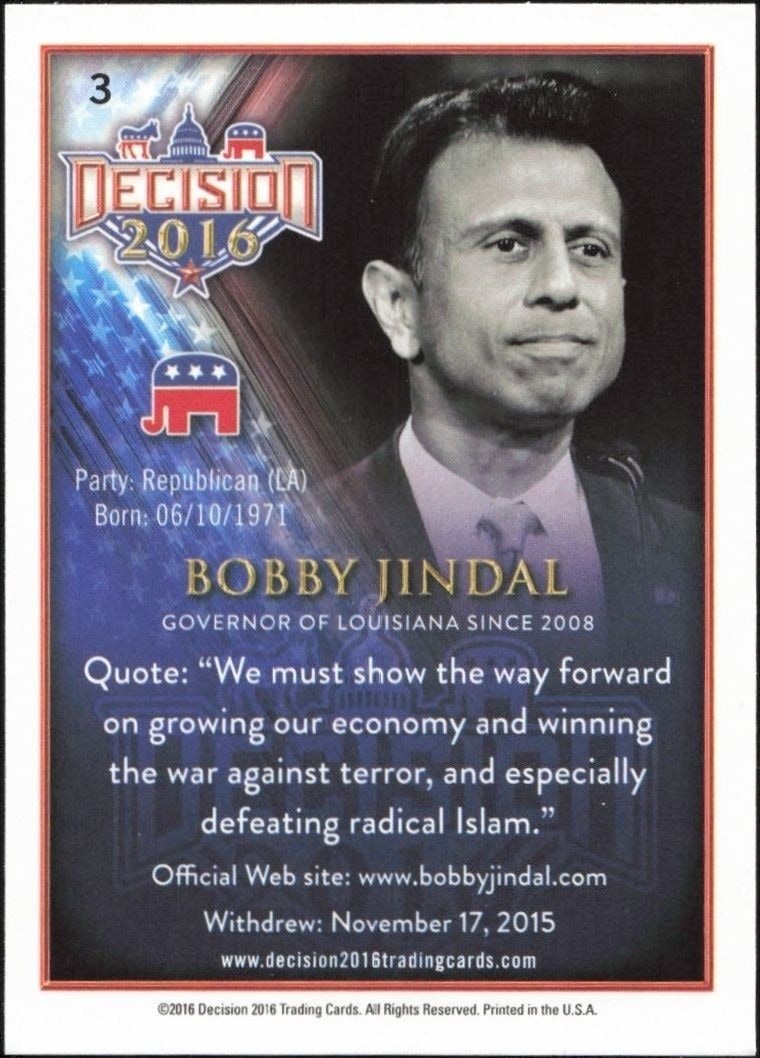 2016 Leaf Decision Bobby Jindal #3 political trading card back