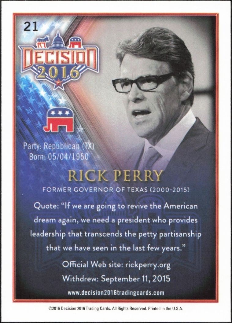 2016 Leaf Decision Rick Perry #21 political trading card back