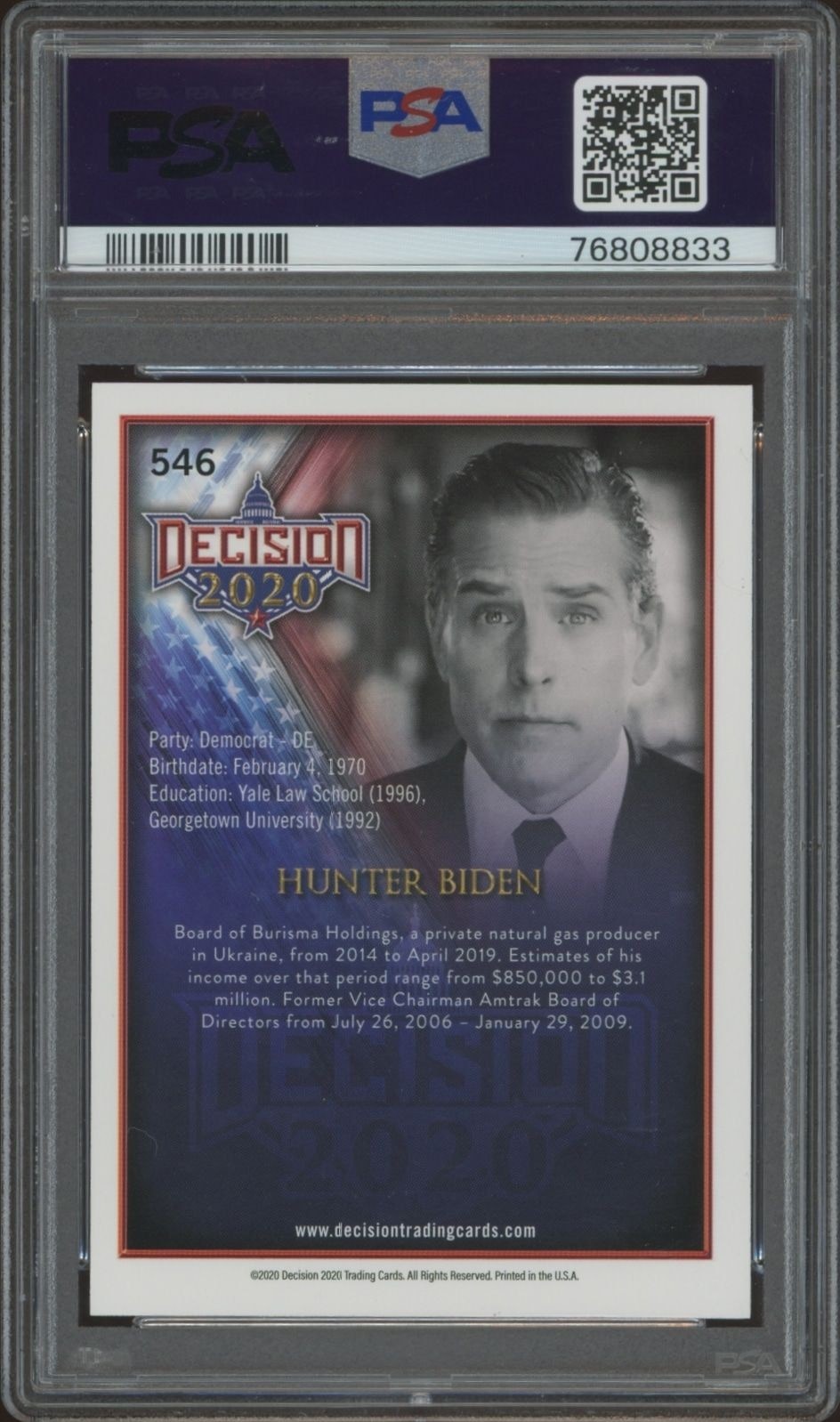 2020 Leaf Decision Hunter Biden #546 political trading card back