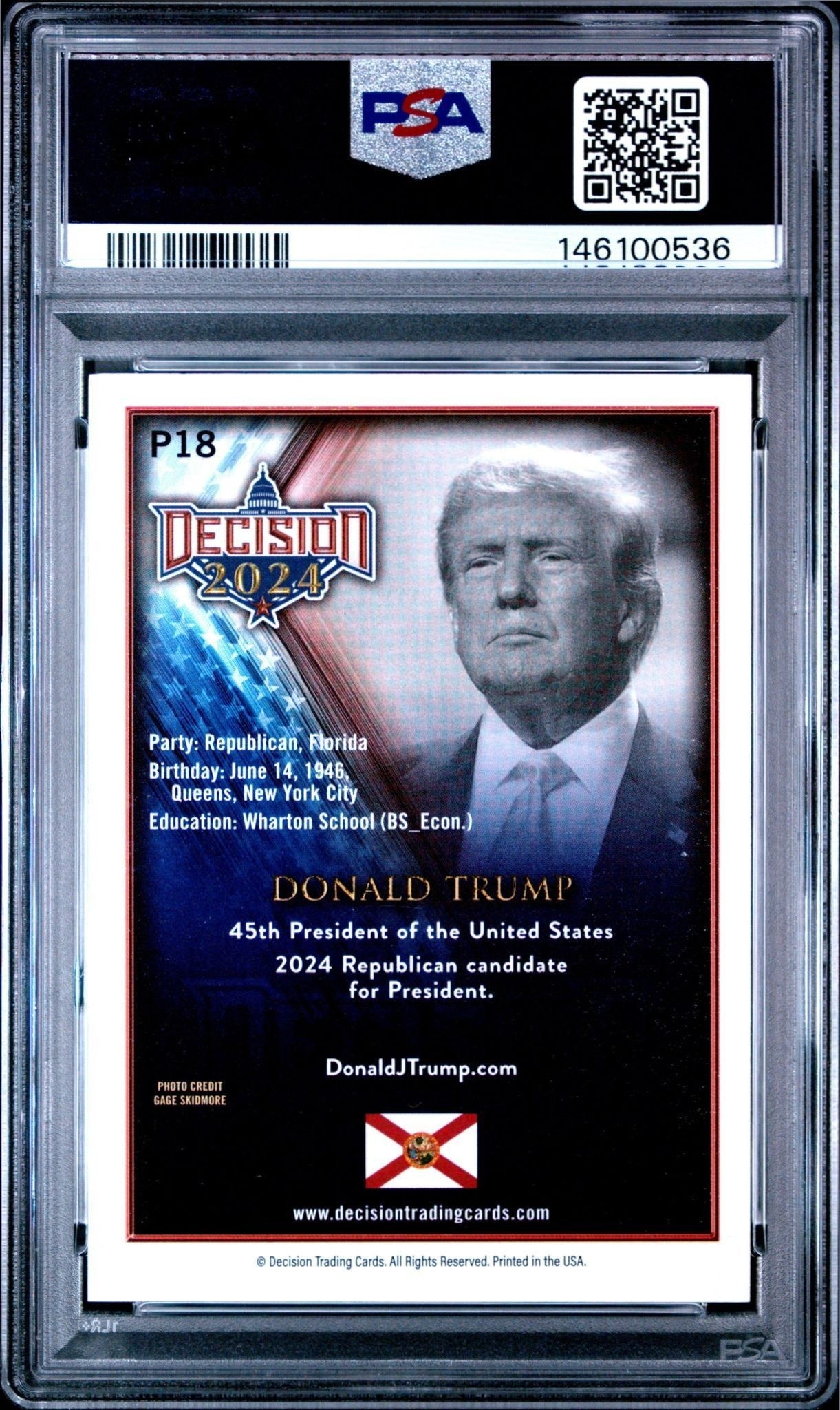 2024 Leaf Decision Preview Donald Trump #P18 political trading card back