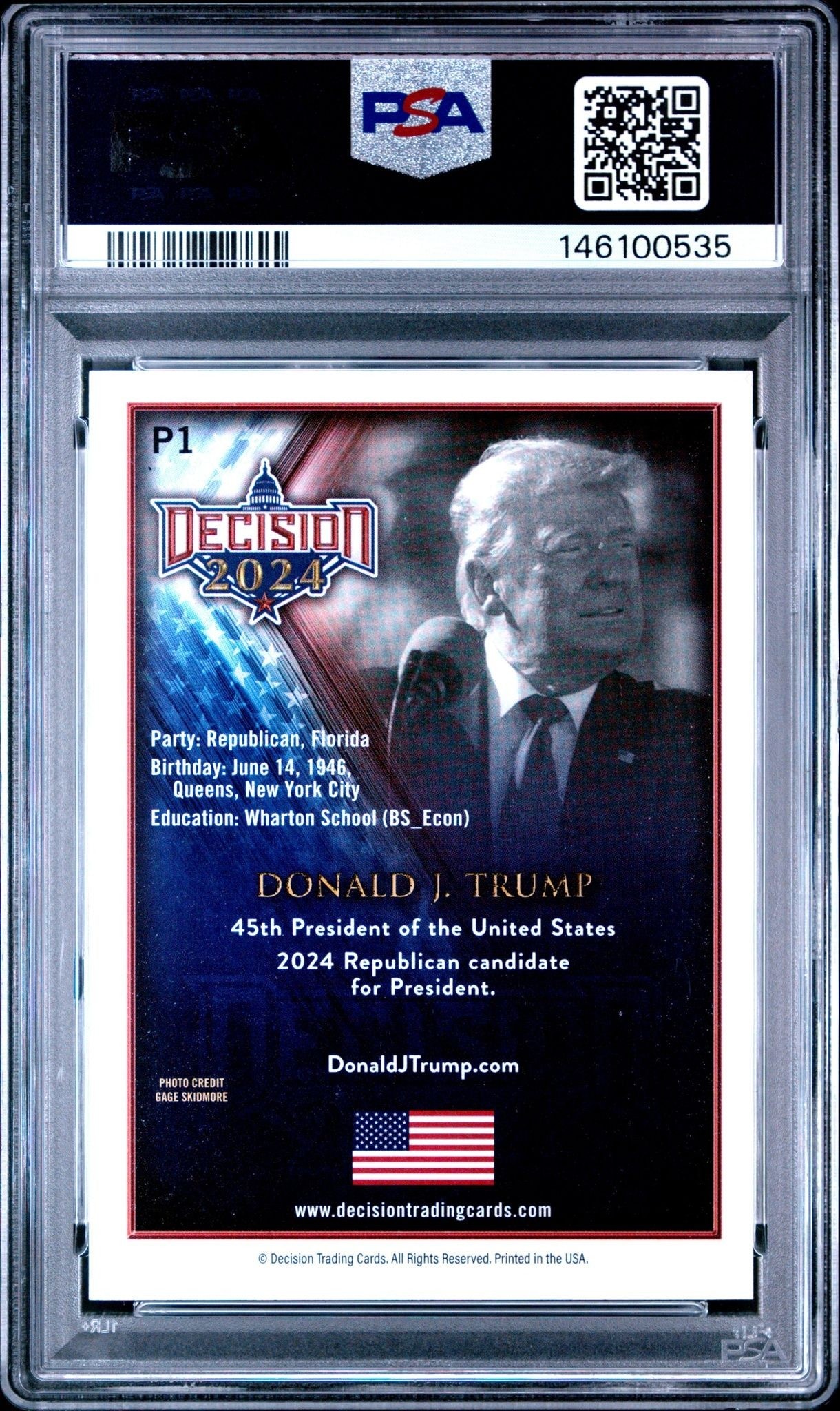 2024 Leaf Decision Preview Donald J. Trump #P1 political trading card back
