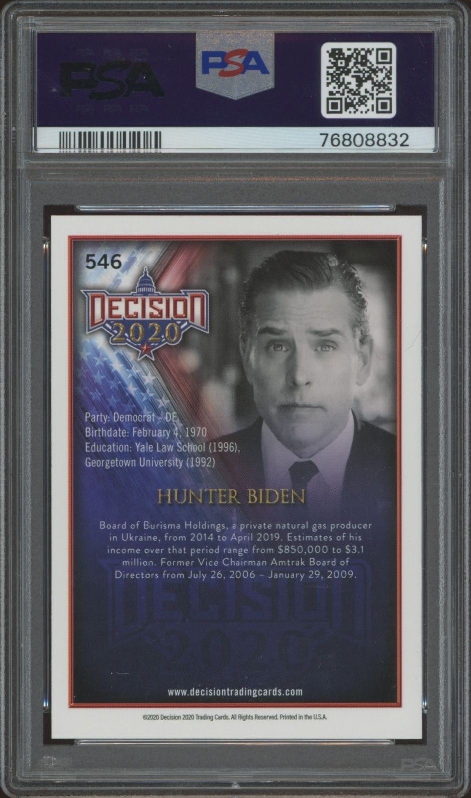 2020 Leaf Decision Hunter Biden #546 political trading card back
