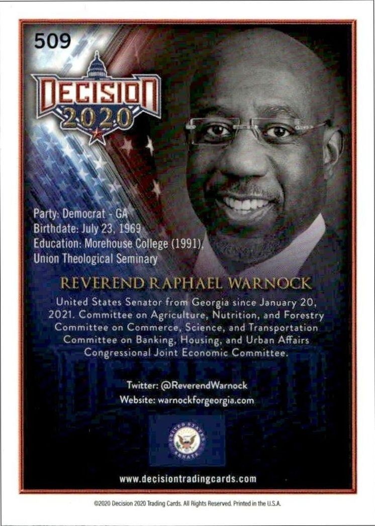 2020 Leaf Decision Series 2 Reverend Raphael Warnock #509 other non-sport trading card back