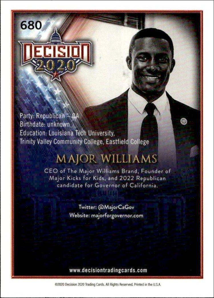 2020 Leaf Decision Series 2 Major Williams #680 other non-sport trading card back