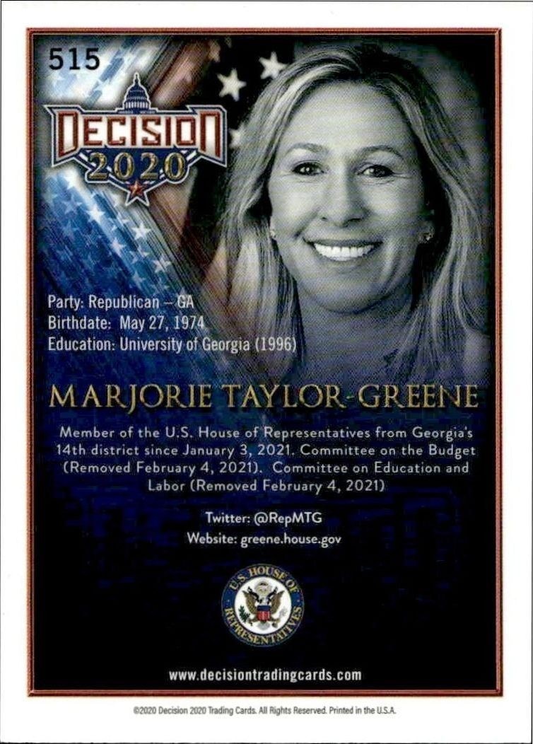 2020 Leaf Decision Series 2 Marjorie Taylor-Greene #515 political trading card back