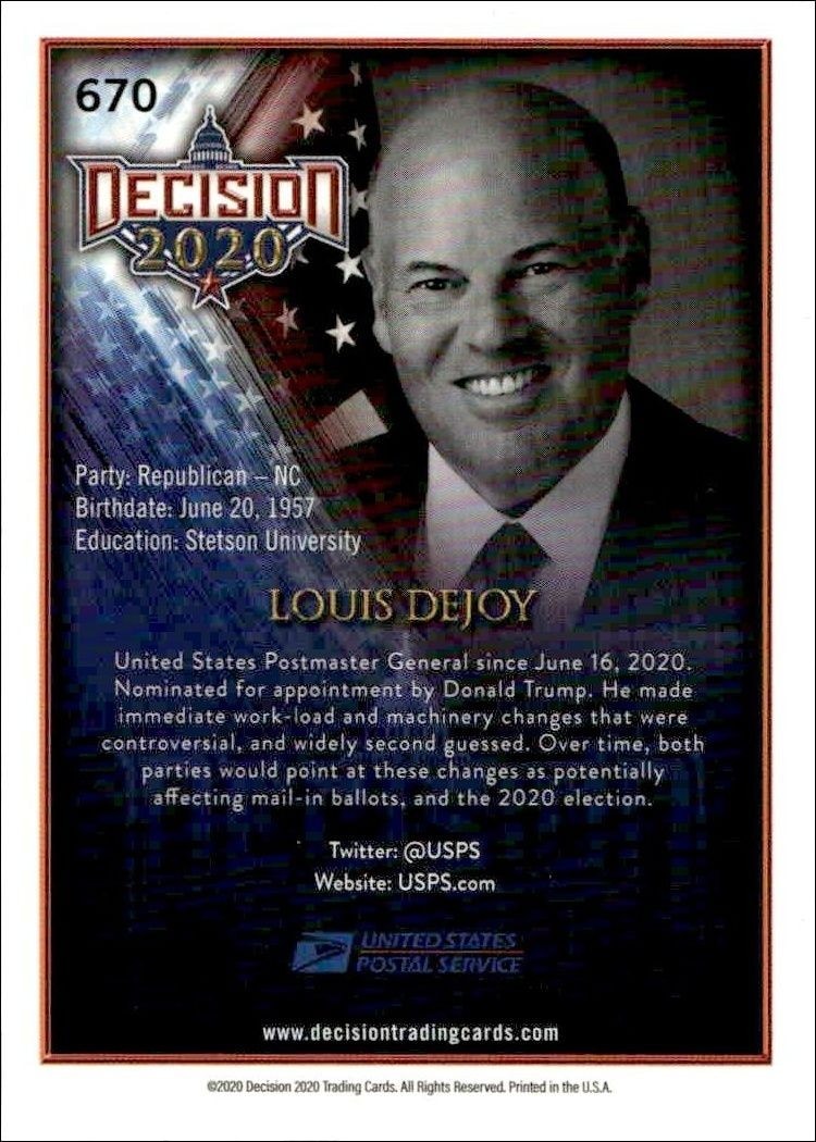 2020 Leaf Decision Series 2 Louis DeJoy #670 other non-sport trading card back