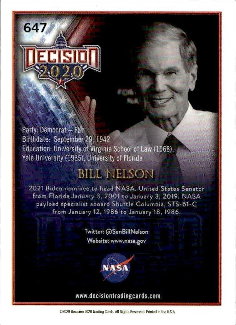 2020 Leaf Decision Series 2 Bill Nelson #647 other non-sport trading card back