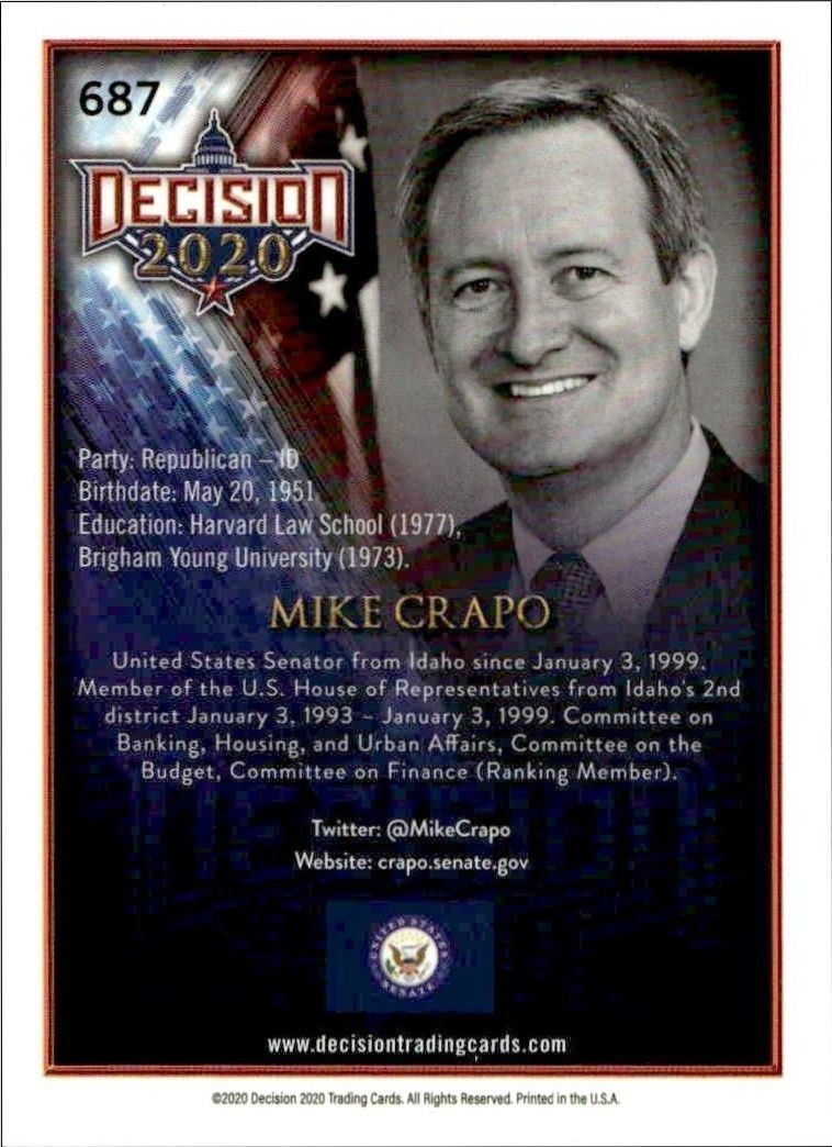 2020 Leaf Decision Series 2 Mike Crapo #687 other non-sport trading card back