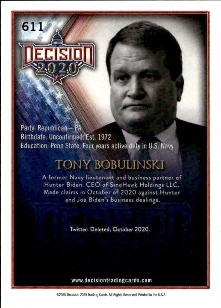 2020 Leaf Decision Series 2 Tony Bobulinski #611 other non-sport trading card back
