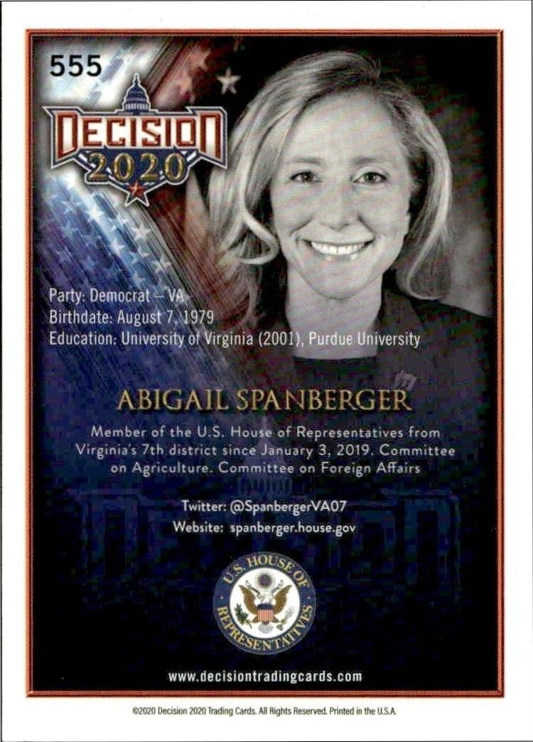2020 Leaf Decision Series 2 Abigail Spanberger #555 other non-sport trading card back