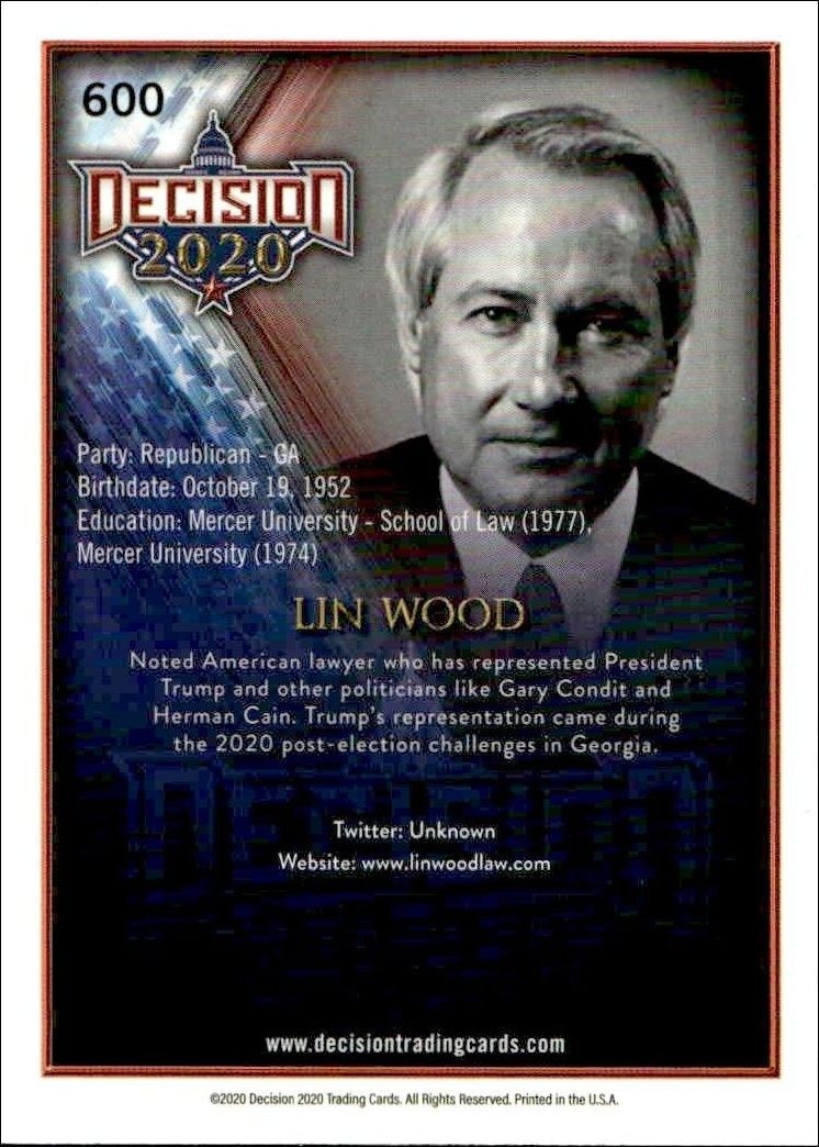 2020 Leaf Decision Series 2 Lin Wood #600 other non-sport trading card back