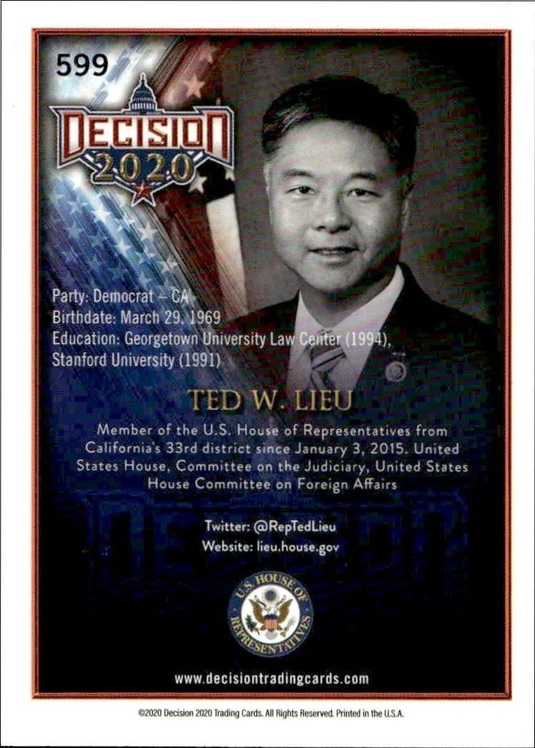2020 Leaf Decision Series 2 Ted W. Lieu #599 other non-sport trading card back
