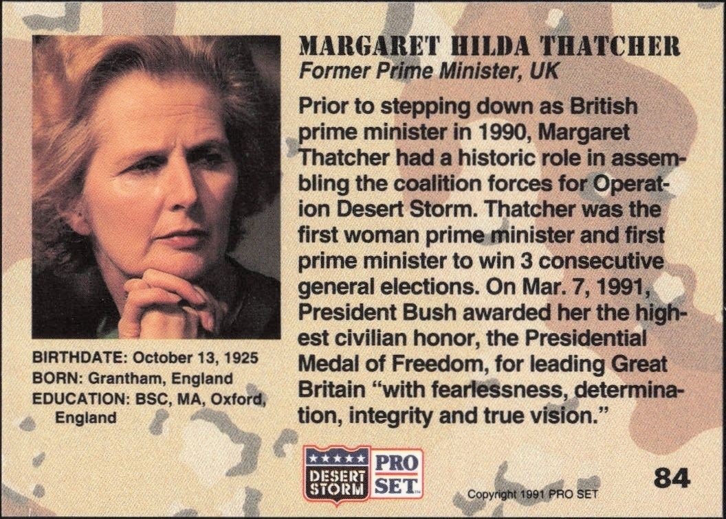 1991 Pro Set Desert Storm Margaret Hilda Thatcher #84 other non-sport trading card back