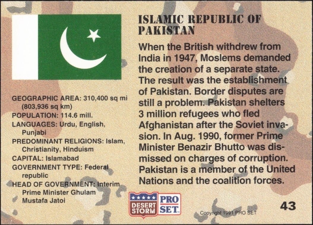 1991 Pro Set Desert Storm Islamic Republic Of Pakistan #43 other non-sport trading card back