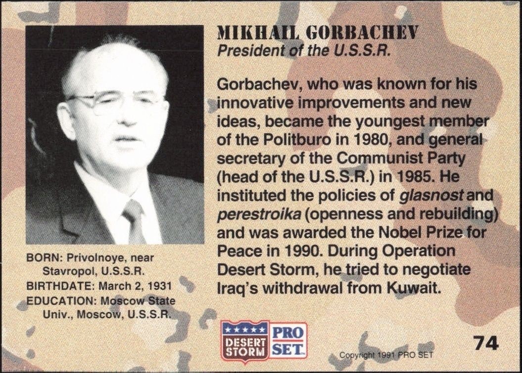 1991 Pro Set Desert Storm Mikhail Gorbachev #74 other non-sport trading card back