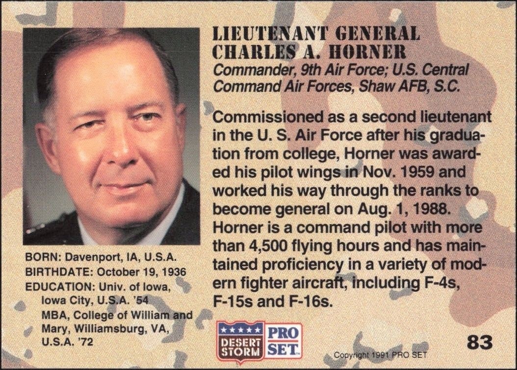 1991 Pro Set Desert Storm Lieutenant General Charles A. Horner #83 other non-sport trading card back