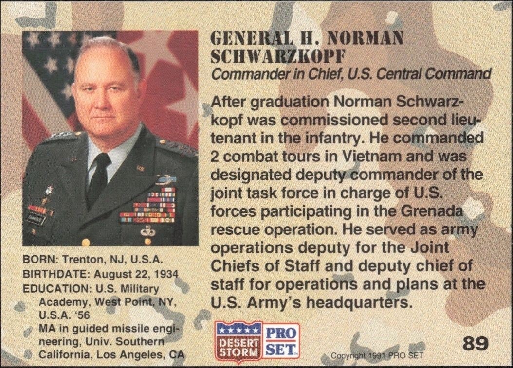 1991 Pro Set Desert Storm General H. Norman Schwarzkopf #89 other non-sport trading card back