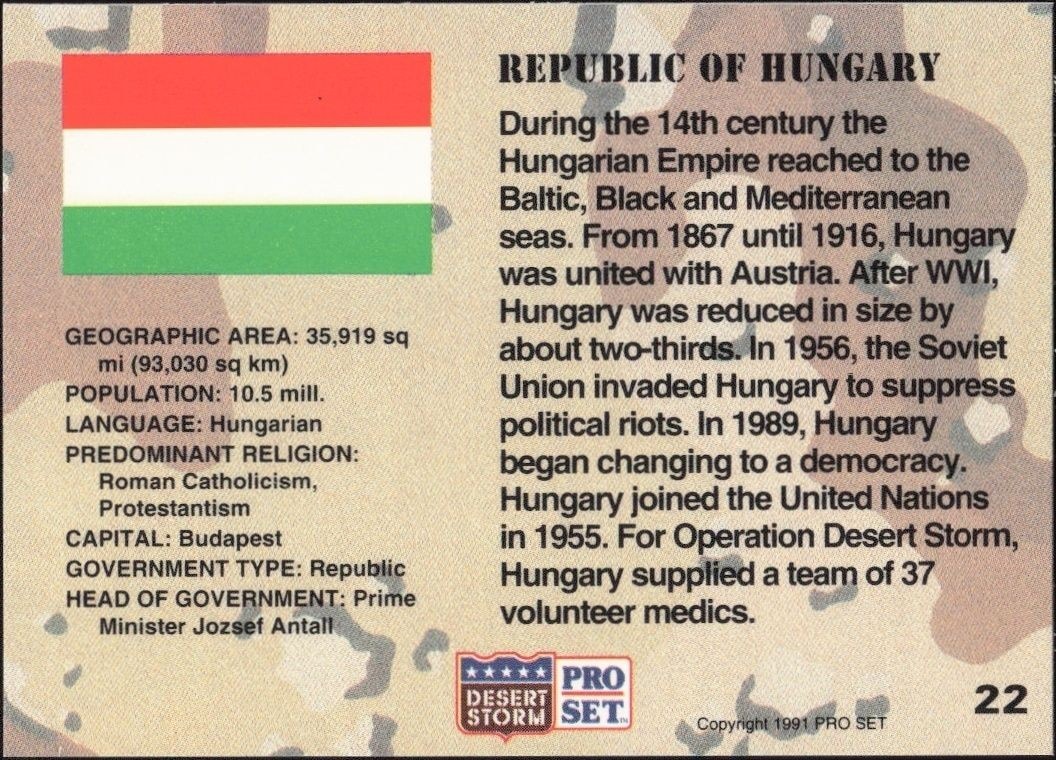 1991 Pro Set Desert Storm Republic Of Hungary #22 other non-sport trading card back