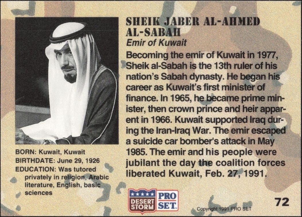 1991 Pro Set Desert Storm Sheik Jaber Al Ahmed Al Sabah #72 other non-sport trading card back