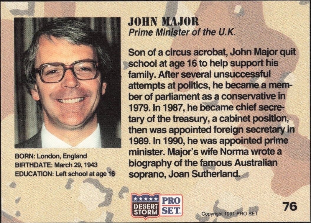 1991 Pro Set Desert Storm John Major #76 other non-sport trading card back
