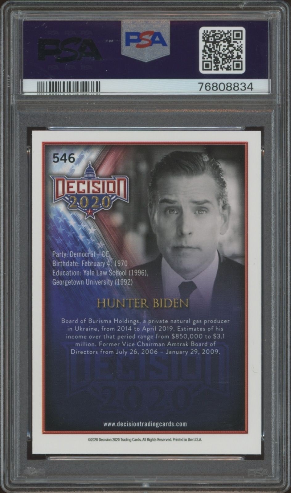 2020 Leaf Decision Hunter Biden #546 political trading card back