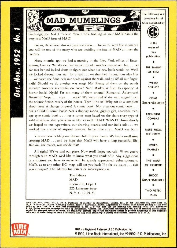 1992 Lime Rock Mad Magazine Mad No. 1 (Oct.-Nov. 1952) #1 entertainment trading card back
