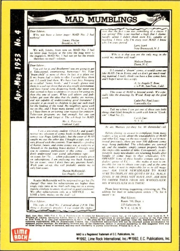 1992 Lime Rock Mad Magazine Mad No. 4 (Apr-May 1953) #4 entertainment trading card back