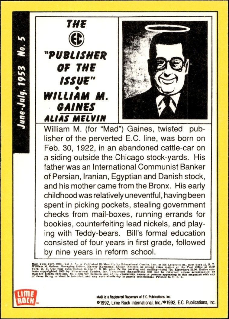 1992 Lime Rock Mad Magazine Mad No. 5 (June-July 1953) #5 entertainment trading card back