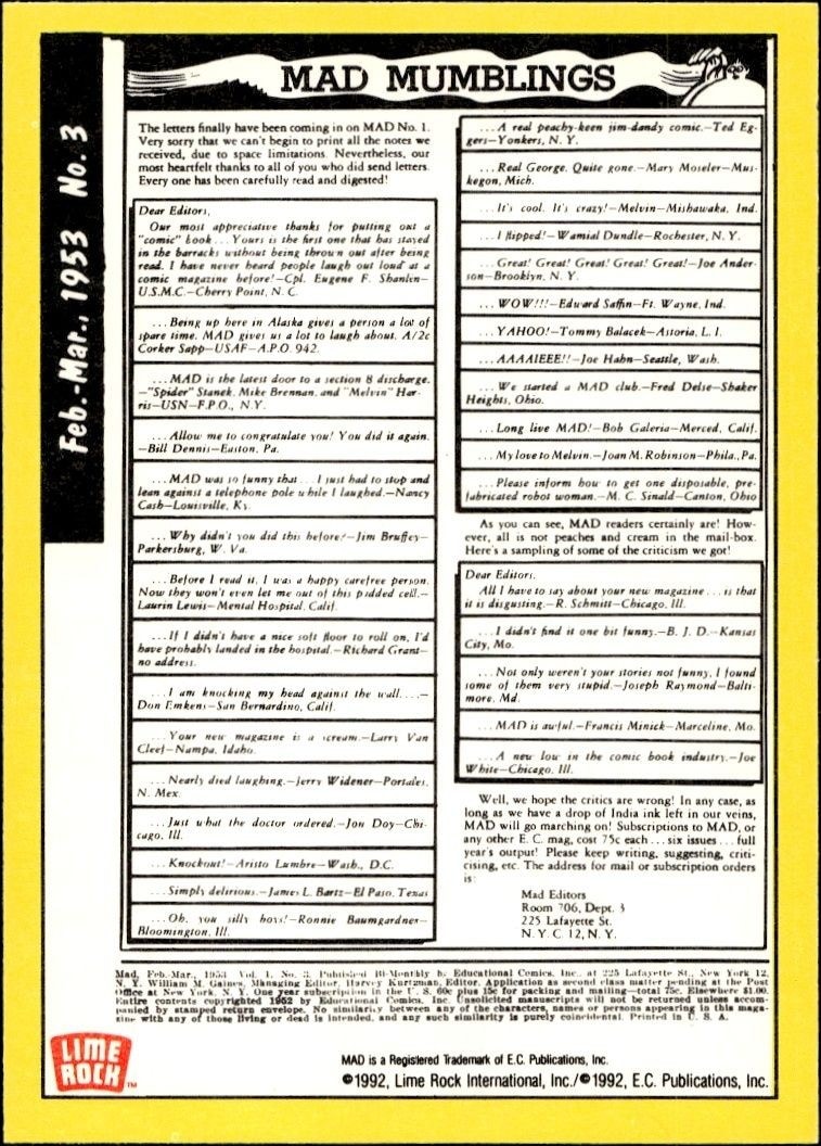 1992 Lime Rock Mad Magazine Mad No. 3 (Feb.-Mar. 1953) #3 entertainment trading card back