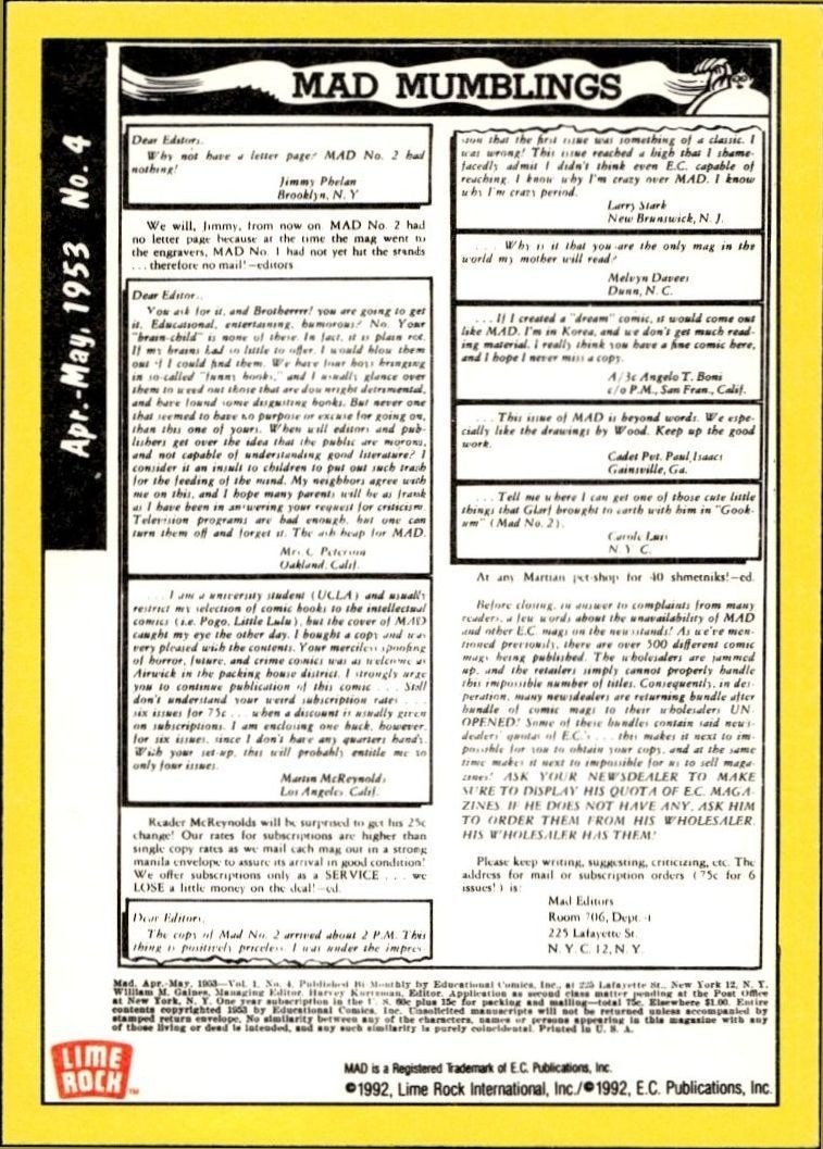1992 Lime Rock Mad Magazine Mad No. 4 (Apr.-May 1953) #4 entertainment trading card back