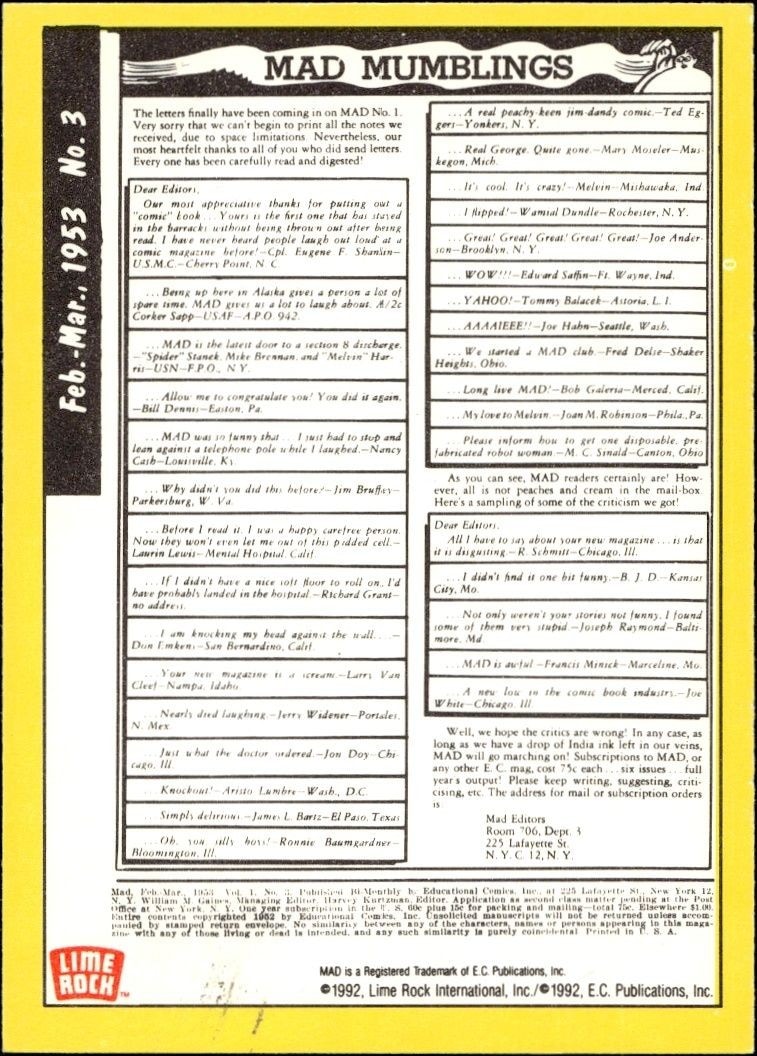 1992 Lime Rock Mad Magazine Mad No. 3 (Feb-Mar 1953) #3 entertainment trading card back