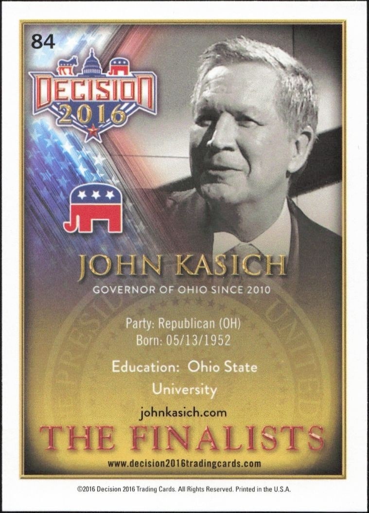 2016 Leaf Decision John Kasich #84 political trading card back
