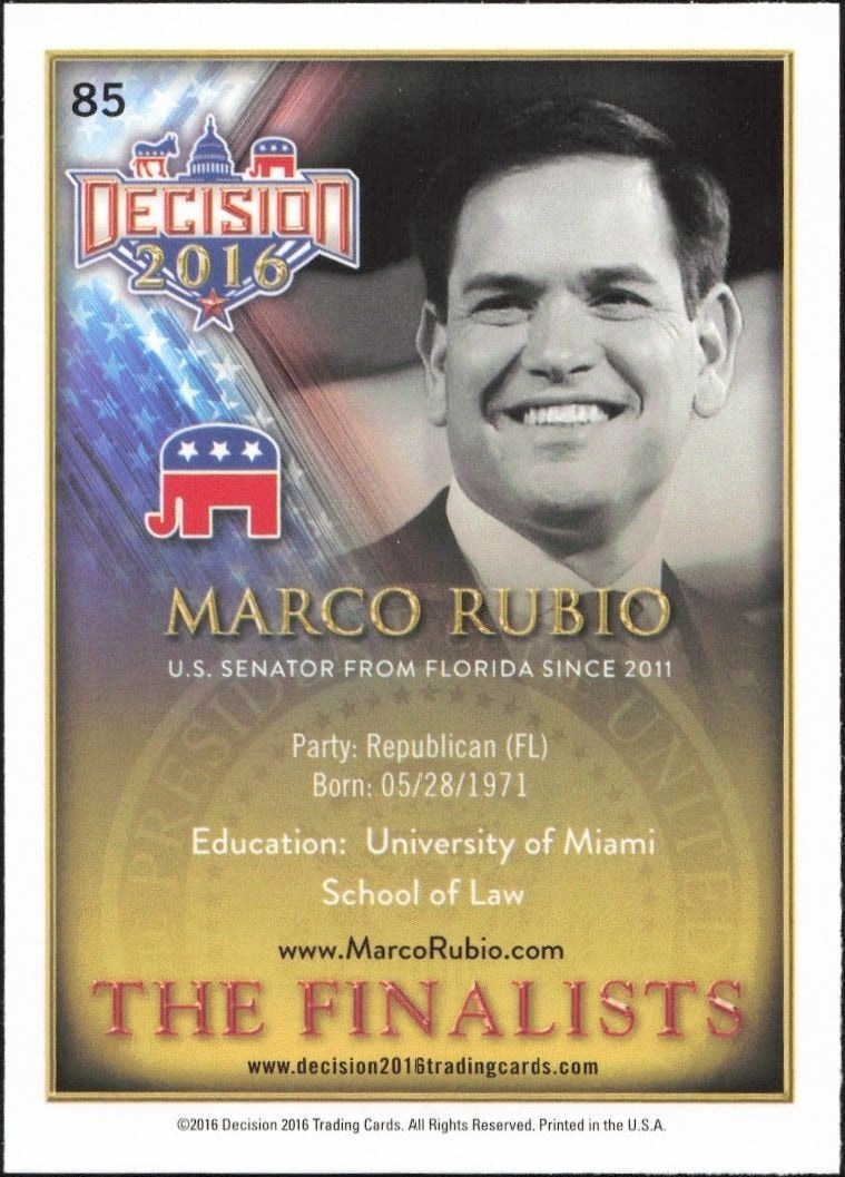 2016 Leaf Decision Marco Rubio #85 political trading card back