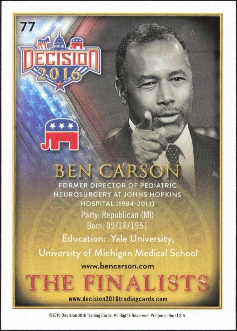2016 Leaf Decision Ben Carson #77 political trading card back