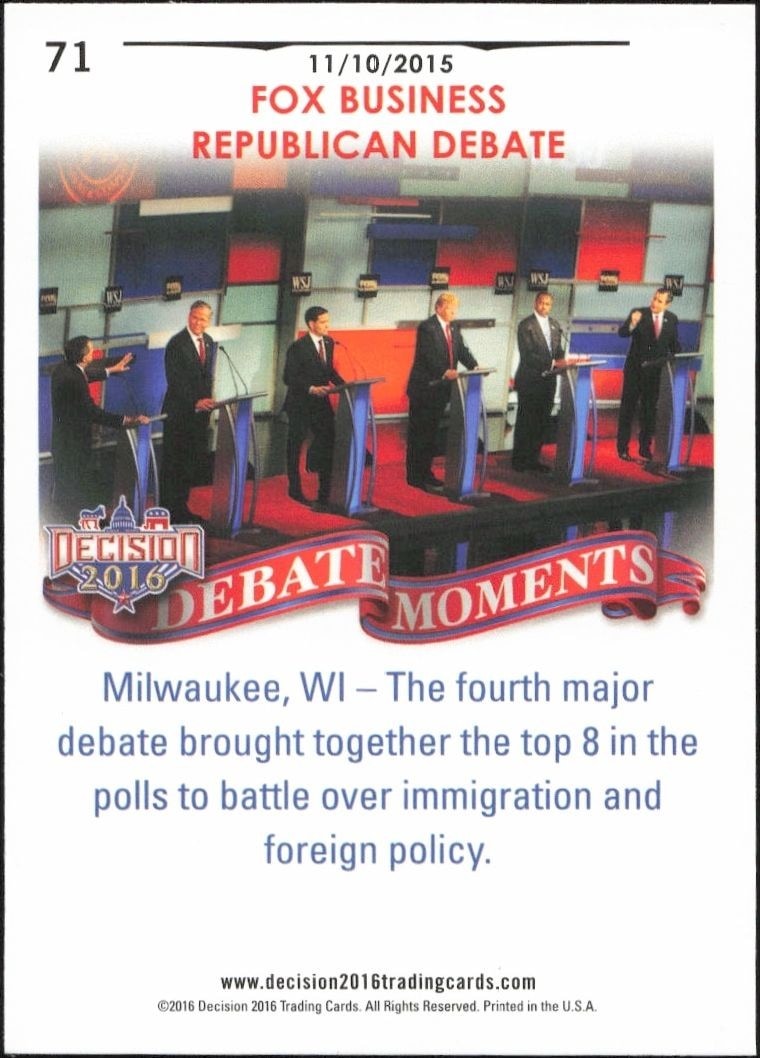 2016 Leaf Decision November 10, 2015 Debate #71 political trading card back