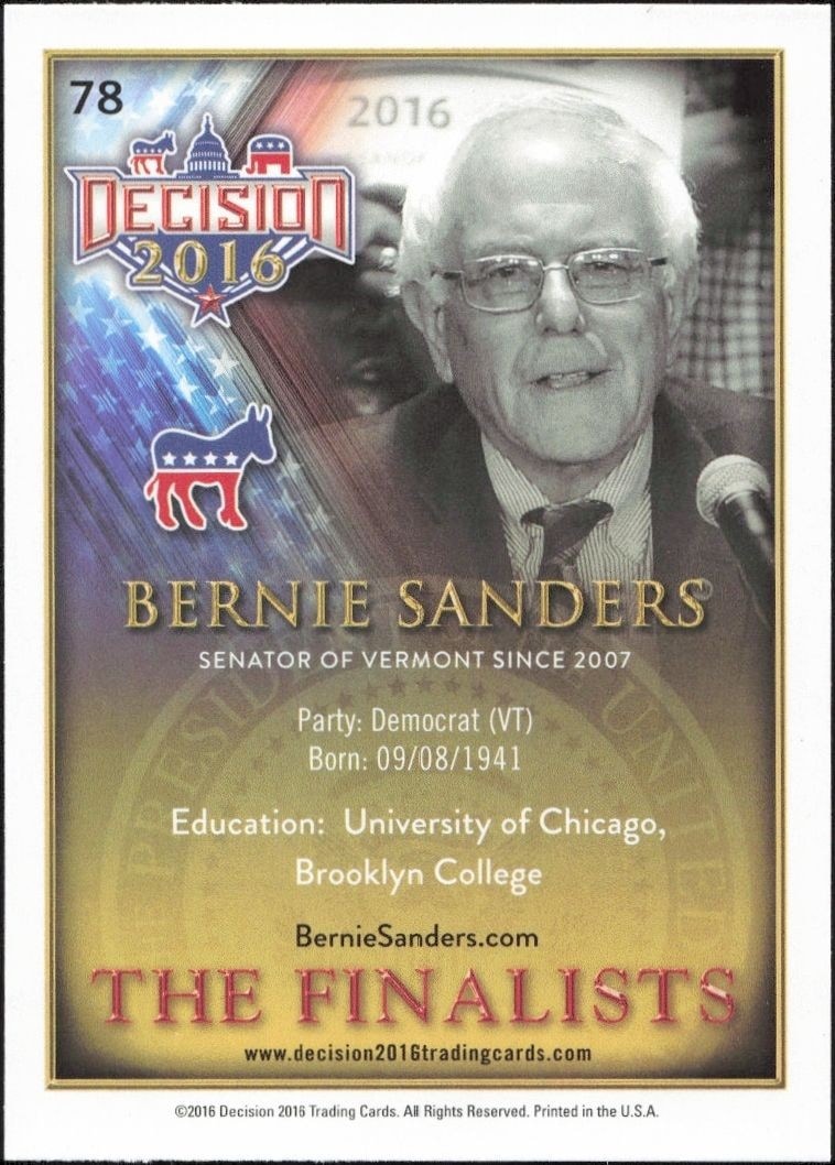 2016 Leaf Decision Bernie Sanders #78 political trading card back