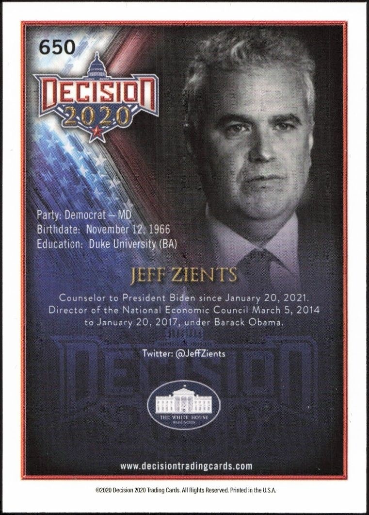 2020 Leaf Decision Series 2 Jeff Zients #650 political trading card back