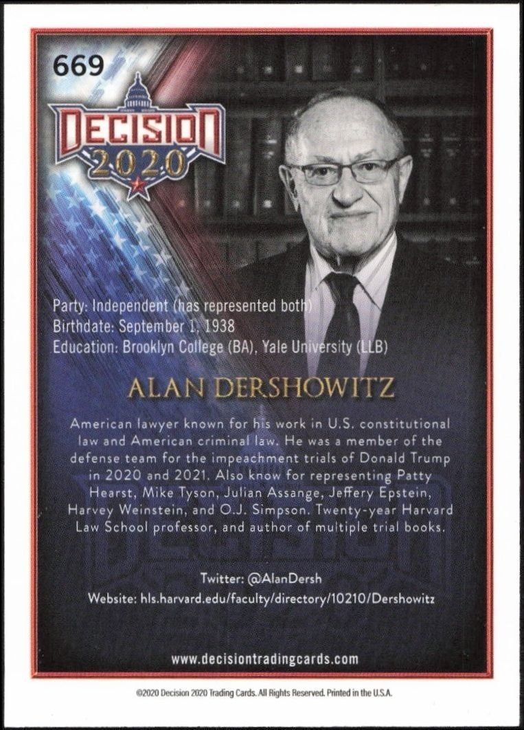 2020 Leaf Decision Series 2 Alan Dershowitz #669 political trading card back