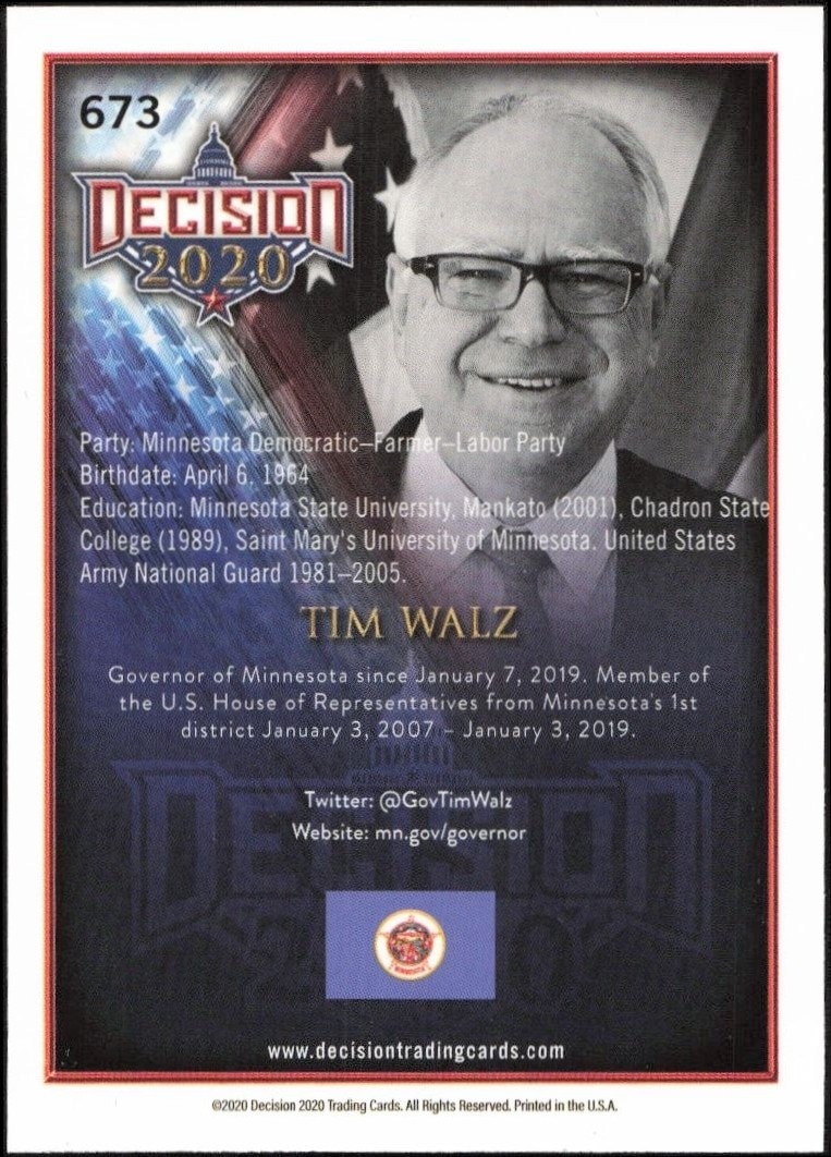 2020 Leaf Decision Series 2 Tim Walz #673 political trading card back