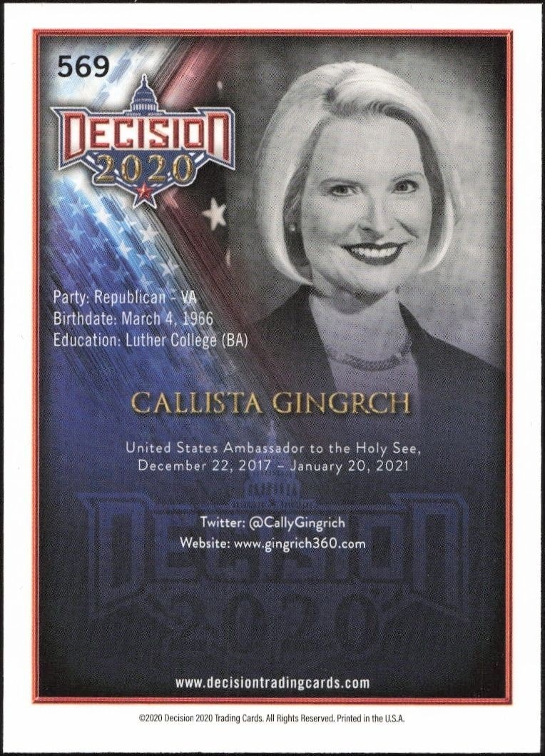 2020 Leaf Decision Series 2 Callista Gingrich #569 political trading card back