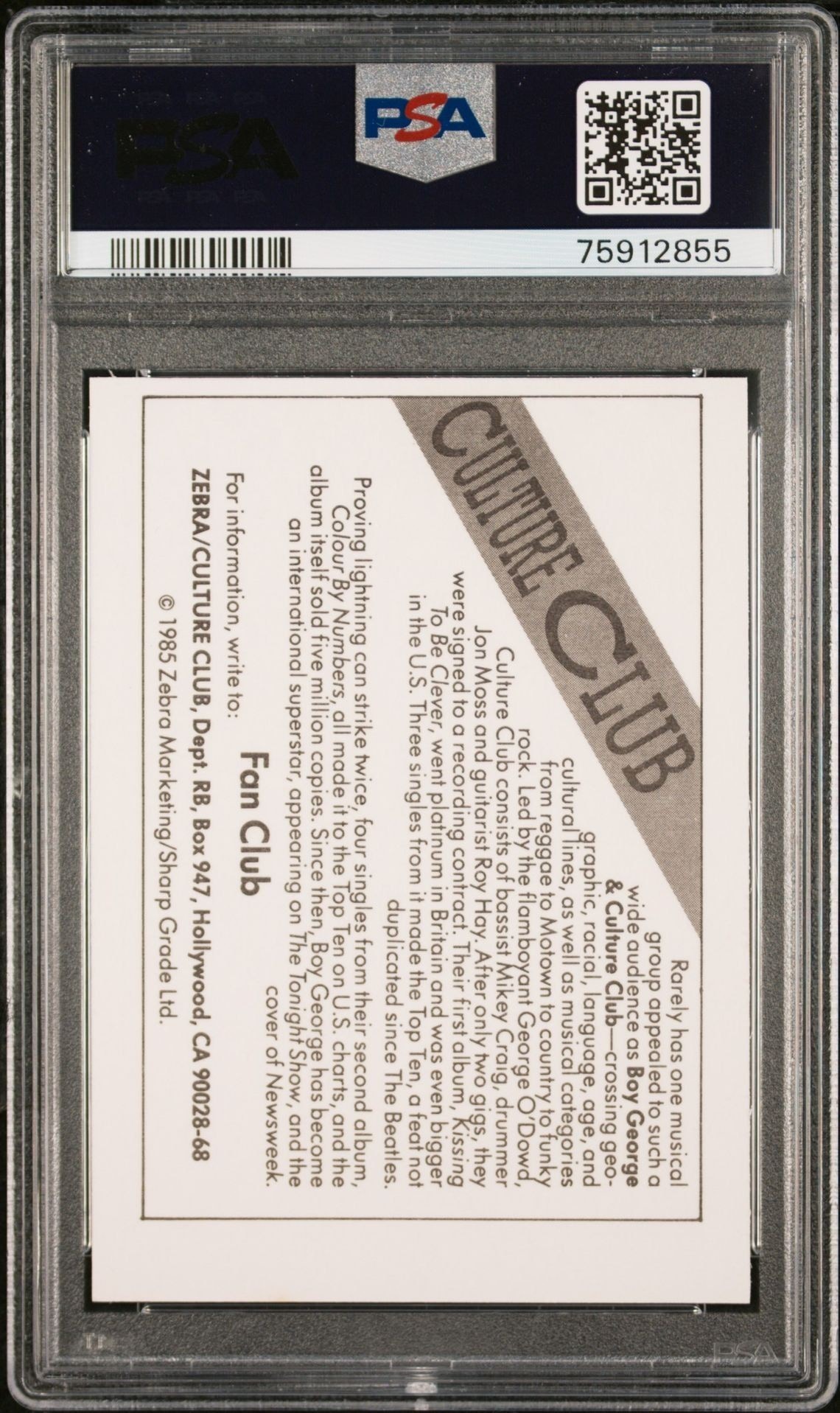 1985 Wonder Bread Rock Stars Culture Club music trading card back