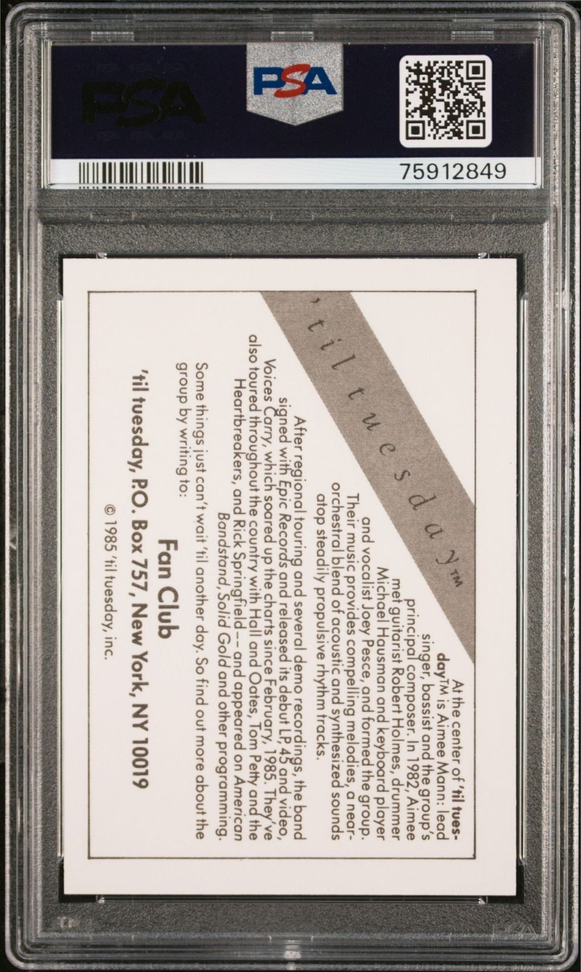 1985 Wonder Bread Rock Stars 'Til Tuesday music trading card back