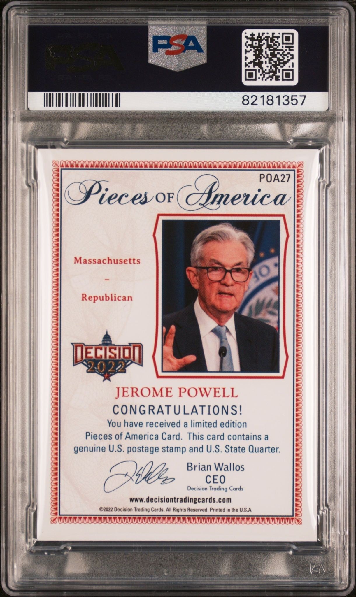 2022 Leaf Decision Jerome Powell #POA27 political trading card back