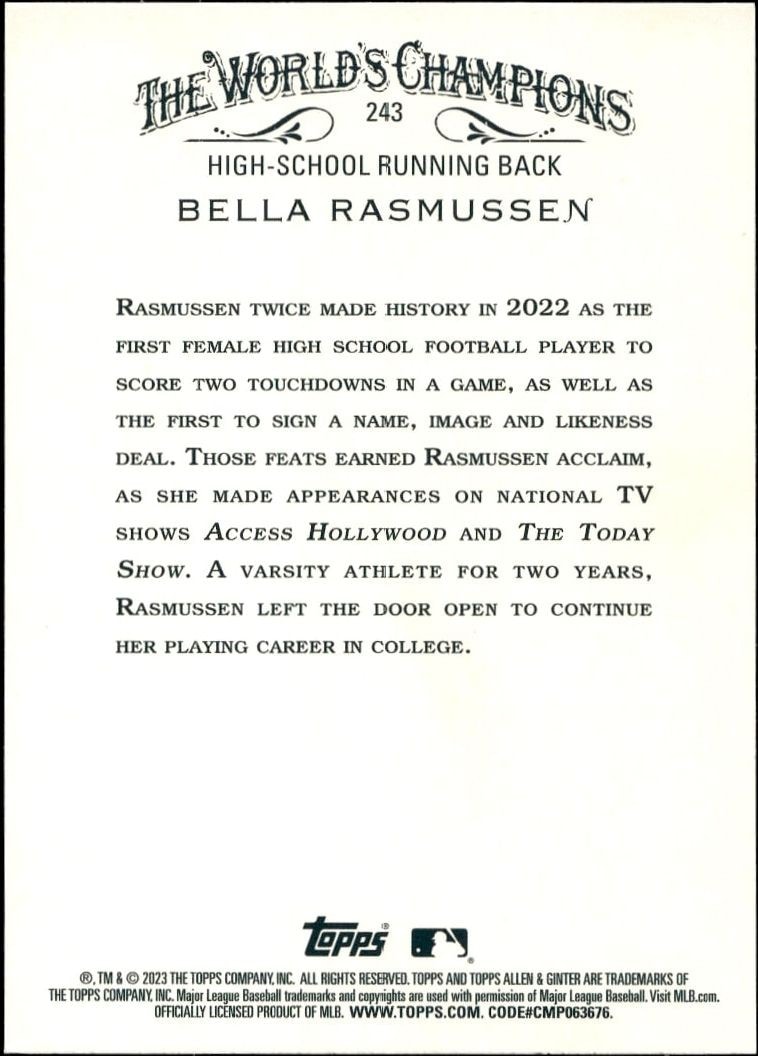2023 Topps Allen & Ginter Bella Rasmussen #243 baseball trading card back
