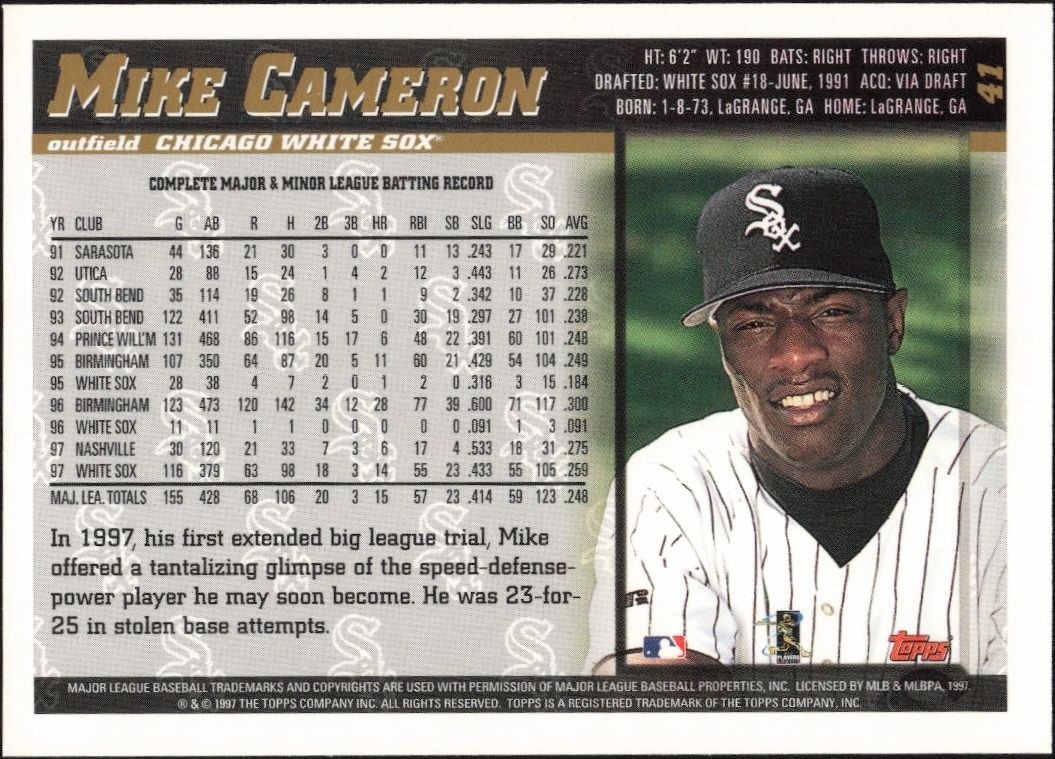 1998 Topps Mike Cameron #41 baseball trading card back