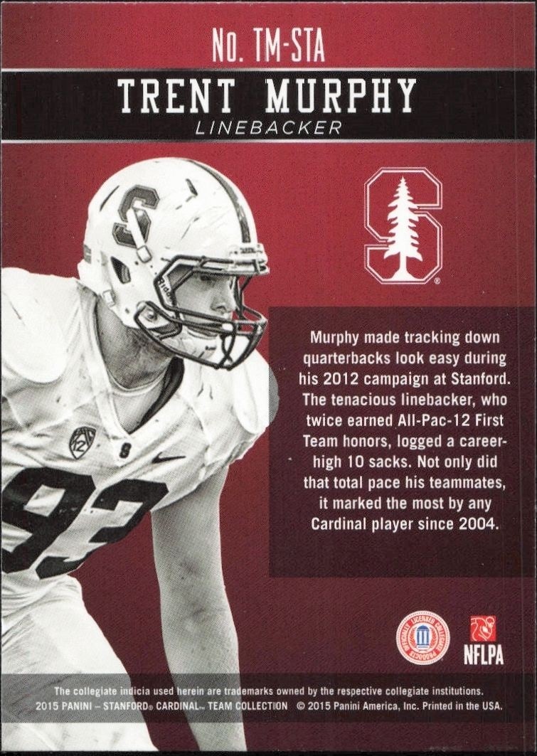 2015 Panini Stanford Cardinal Team Collection Trent Murphy #TM-STA football trading card back