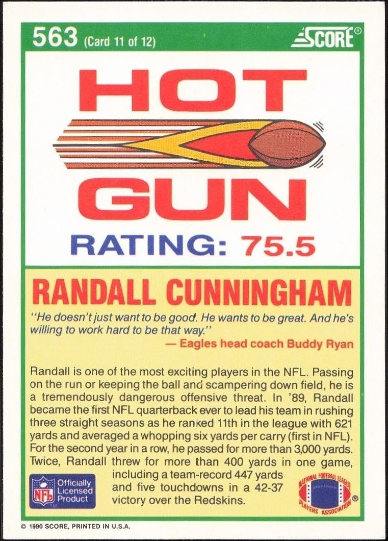 1990 Score Randall Cunningham #563 football trading card back