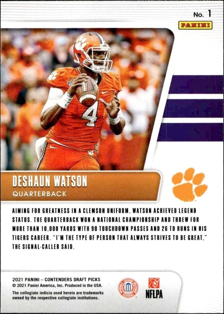 2021 Panini Contenders Draft Picks Deshaun Watson #1 football trading card back