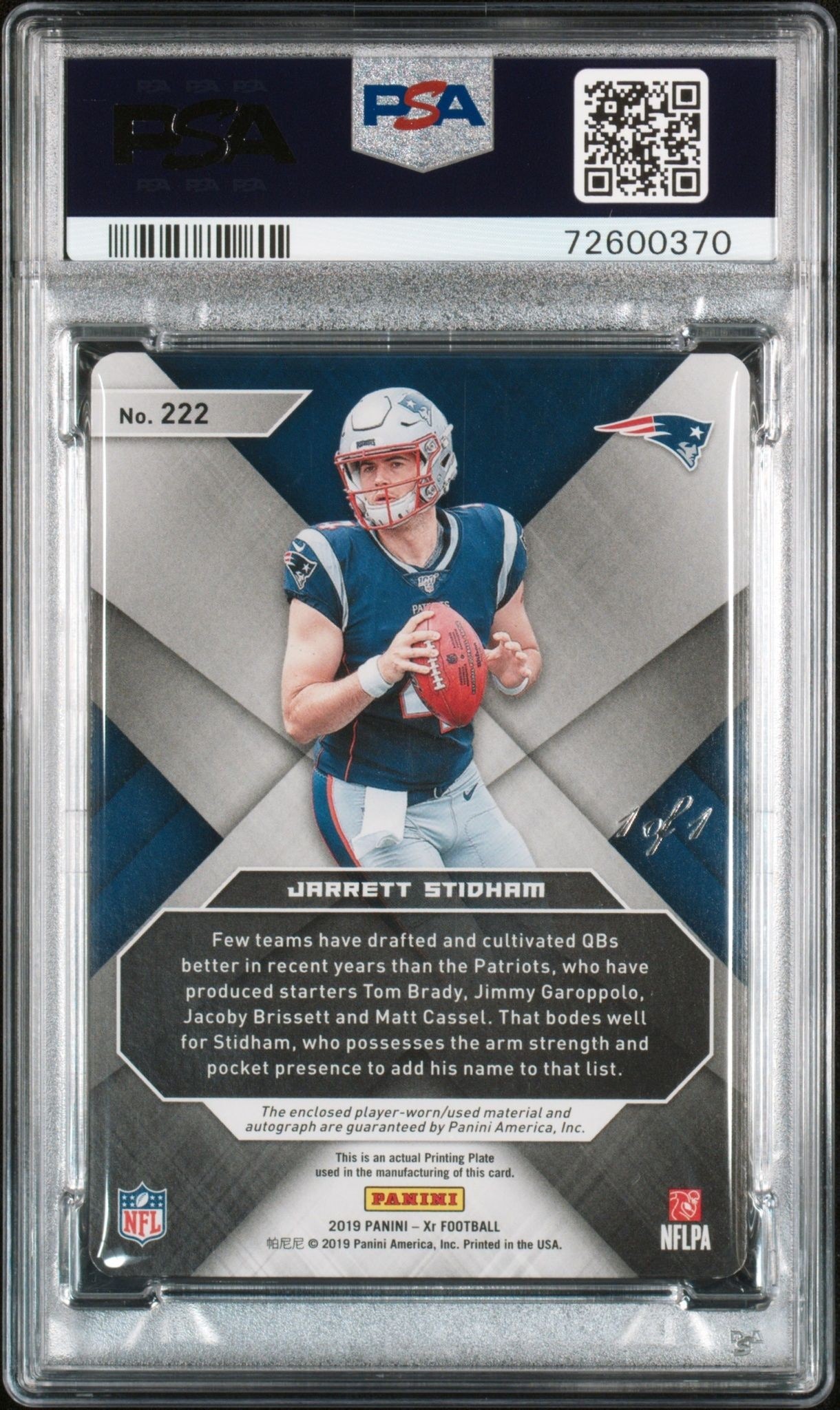 2019 Panini Xr Jarrett Stidham #222 football trading card back