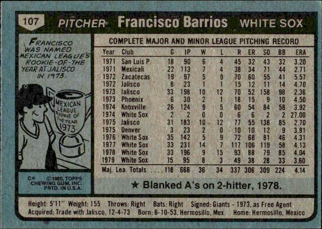 1980 Topps Francisco Barrios #107 baseball trading card back